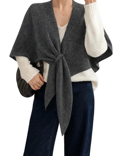 Damskie Poncho Kopertowe z Wiązaniem i Dekoltem w Serek-Accessories for Women-Olave
