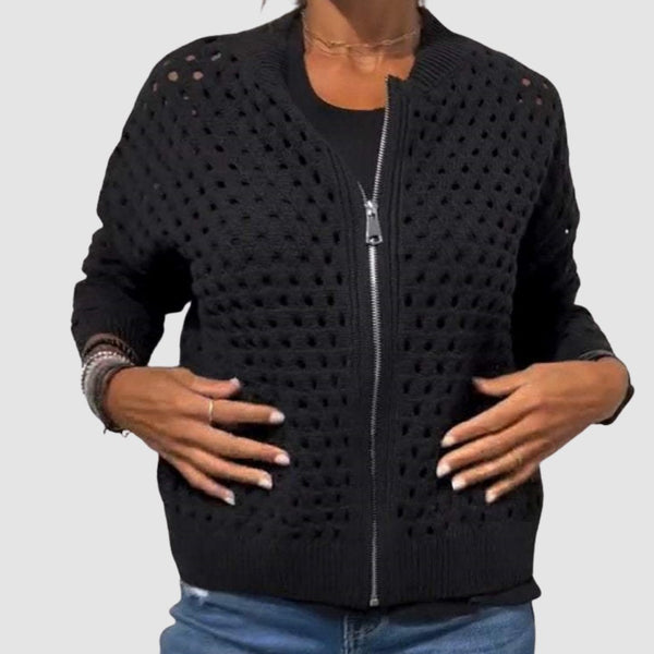 Damskie Rozpinany Kardigan Dzianinowy z Ażurowym Wzorem-Cardigans for Women-Olave