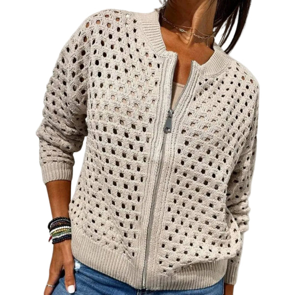 Damskie Rozpinany Kardigan Dzianinowy z Ażurowym Wzorem-Cardigans for Women-Olave