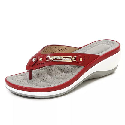 Damskie sandały japonki na koturnie z metalicznym detalem-Footwear for women-Olave