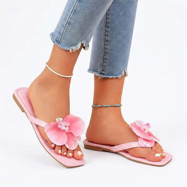 Damskie sandały japonki z kwadratowym noskiem i kwiatowym motywem-Footwear for women-Olave
