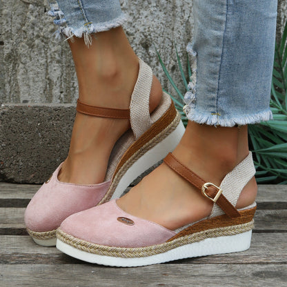 Damskie sandały na koturnie typu espadryle z paskiem na kostce-Footwear for women-Olave