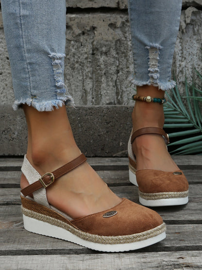 Damskie sandały na koturnie typu espadryle z paskiem na kostce-Footwear for women-Olave