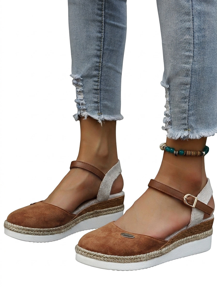 Damskie sandały na koturnie typu espadryle z paskiem na kostce-Footwear for women-Olave