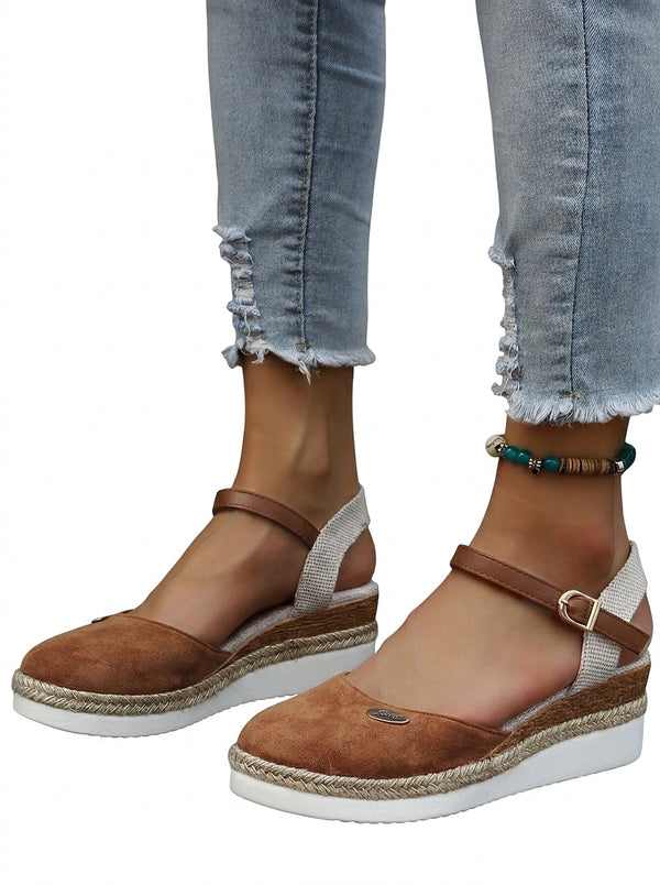 Damskie sandały na koturnie typu espadryle z paskiem na kostce-Footwear for women-Olave