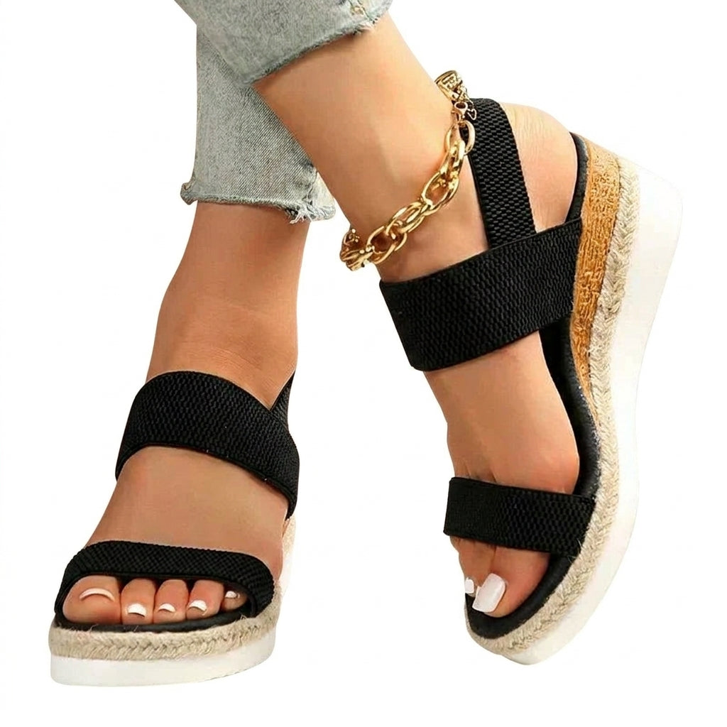Damskie sandały na platformie z elastycznymi paskami i plecionym wykończeniem-Footwear for women-Olave