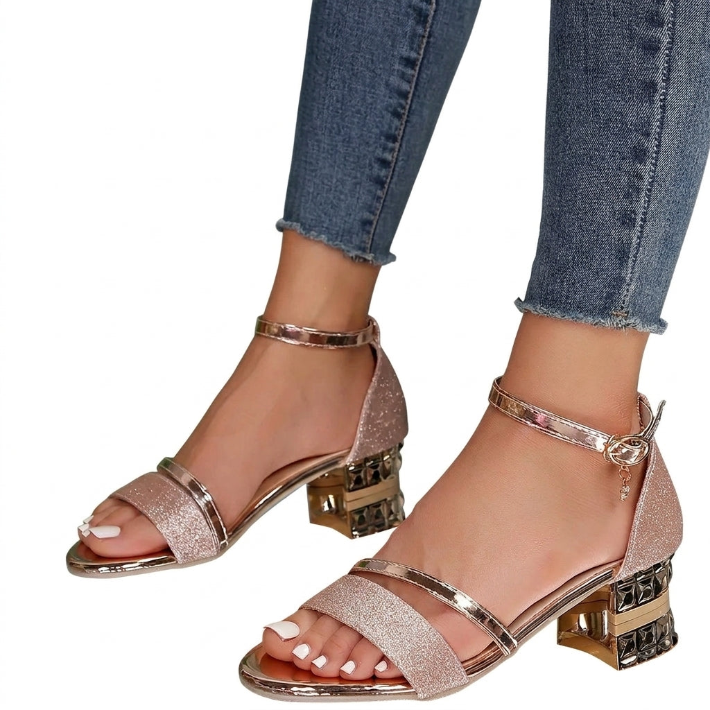 Damskie sandały na słupku z paskiem wokół kostki i geometrycznym zdobieniem obcasa-Footwear for women-Olave