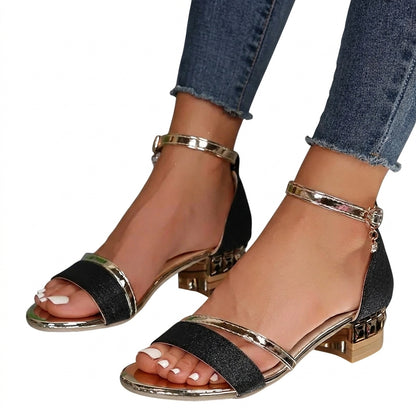 Damskie sandały na słupku z paskiem wokół kostki i geometrycznym zdobieniem obcasa-Footwear for women-Olave