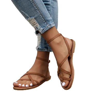 Damskie sandały płaskie z krzyżowanymi paskami i zamkiem z tyłu-Footwear for women-Olave