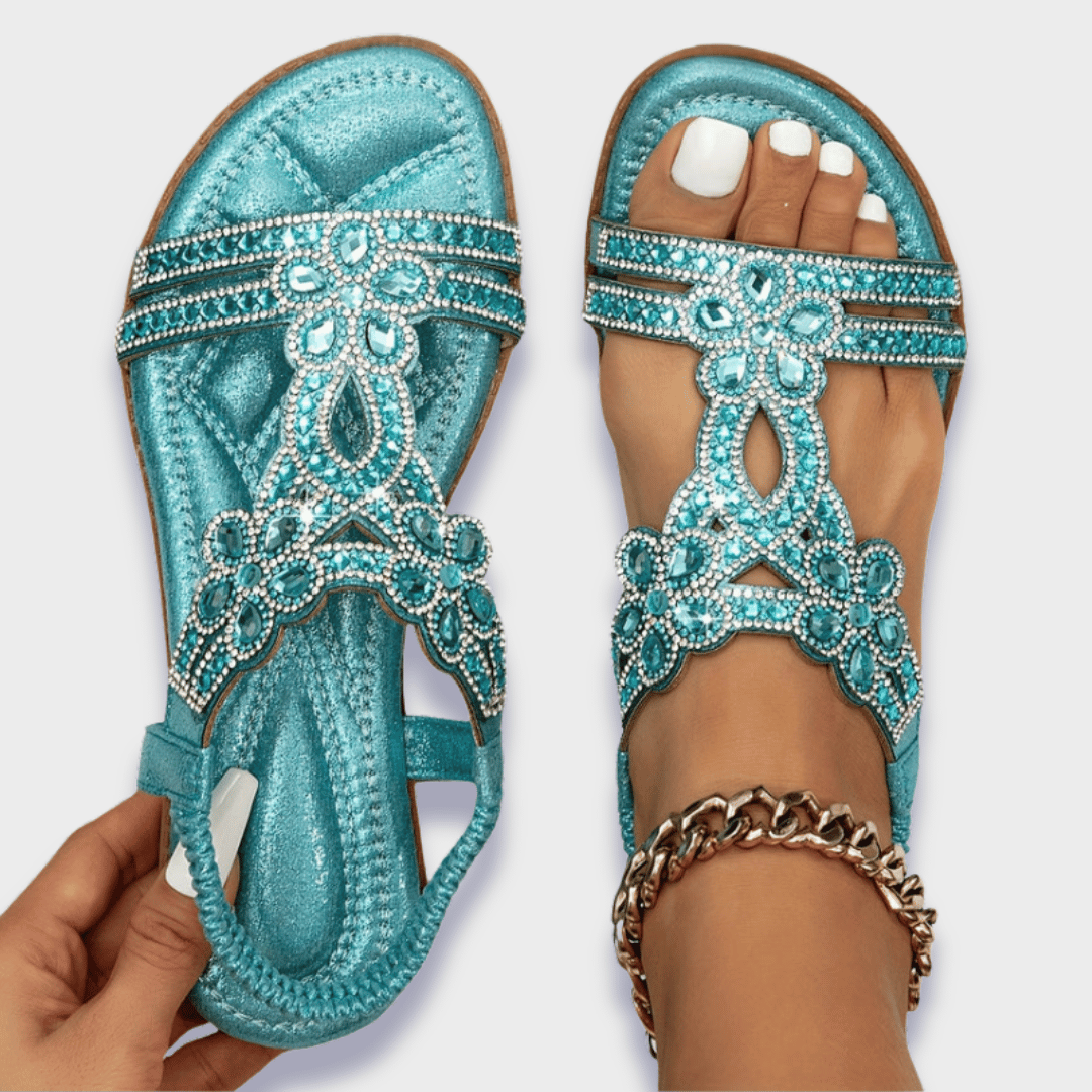 Damskie sandały płaskie z ozdobnym paskiem typu T-Footwear for women-Olave