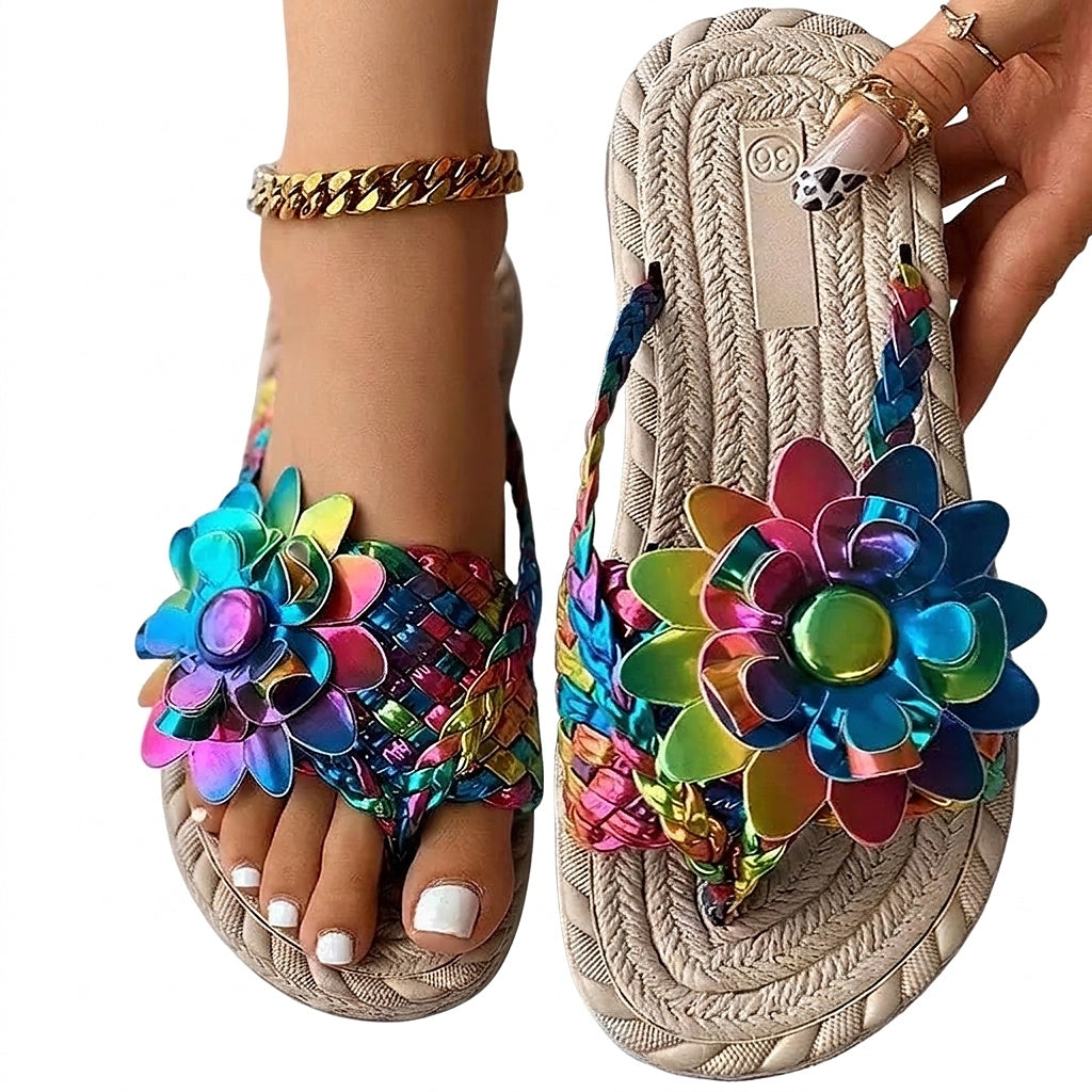 Damskie sandały z plecionymi paskami i kwiatem-Footwear for women-Olave