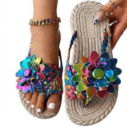 Damskie sandały z plecionymi paskami i kwiatem-Footwear for women-Olave