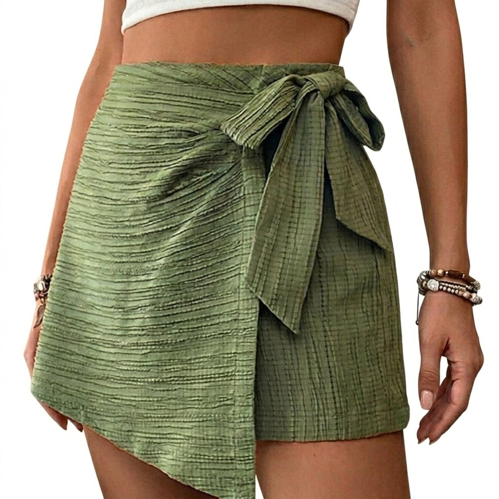 Damskie spódnico-spodnie o kopertowym kroju z wiązaniem i teksturowanym wykończeniem-Skirt for women-Olave