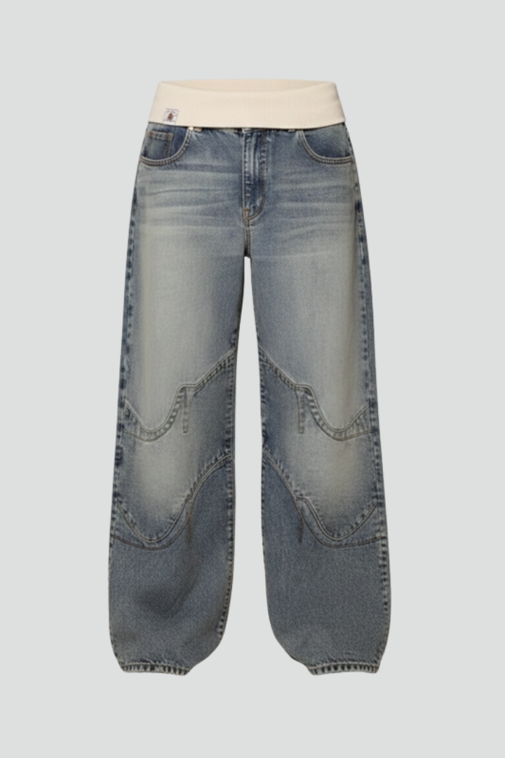 Damskie spodnie denim z szeroką nogawką i elastycznym pasem oraz panelowymi szwami-Pants for Women-Olave