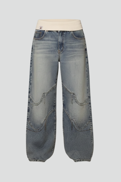 Damskie spodnie denim z szeroką nogawką i elastycznym pasem oraz panelowymi szwami-Pants for Women-Olave