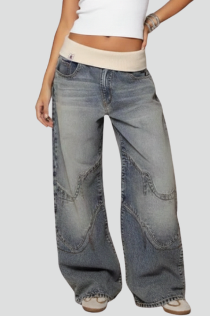 Damskie spodnie denim z szeroką nogawką i elastycznym pasem oraz panelowymi szwami-Pants for Women-Olave