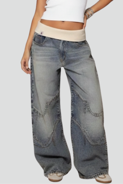 Damskie spodnie denim z szeroką nogawką i elastycznym pasem oraz panelowymi szwami-Pants for Women-Olave