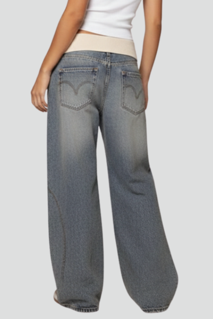 Damskie spodnie denim z szeroką nogawką i elastycznym pasem oraz panelowymi szwami-Pants for Women-Olave