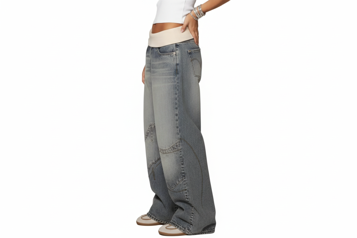 Damskie spodnie denim z szeroką nogawką i elastycznym pasem oraz panelowymi szwami-Pants for Women-Olave