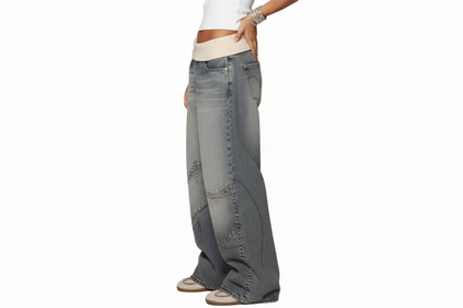 Damskie spodnie denim z szeroką nogawką i elastycznym pasem oraz panelowymi szwami-Pants for Women-Olave