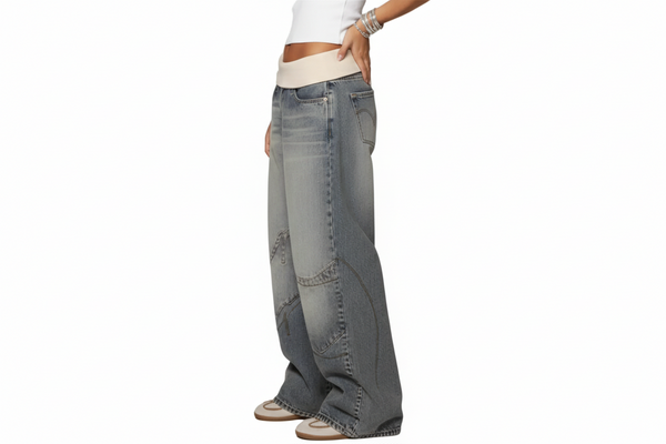 Damskie spodnie denim z szeroką nogawką i elastycznym pasem oraz panelowymi szwami-Pants for Women-Olave