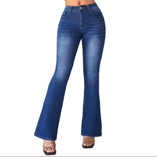 Damskie spodnie denim z wysokim stanem, rozszerzaną nogawką oraz kieszeniami z przodu i z tyłu-Pants for Women-Olave