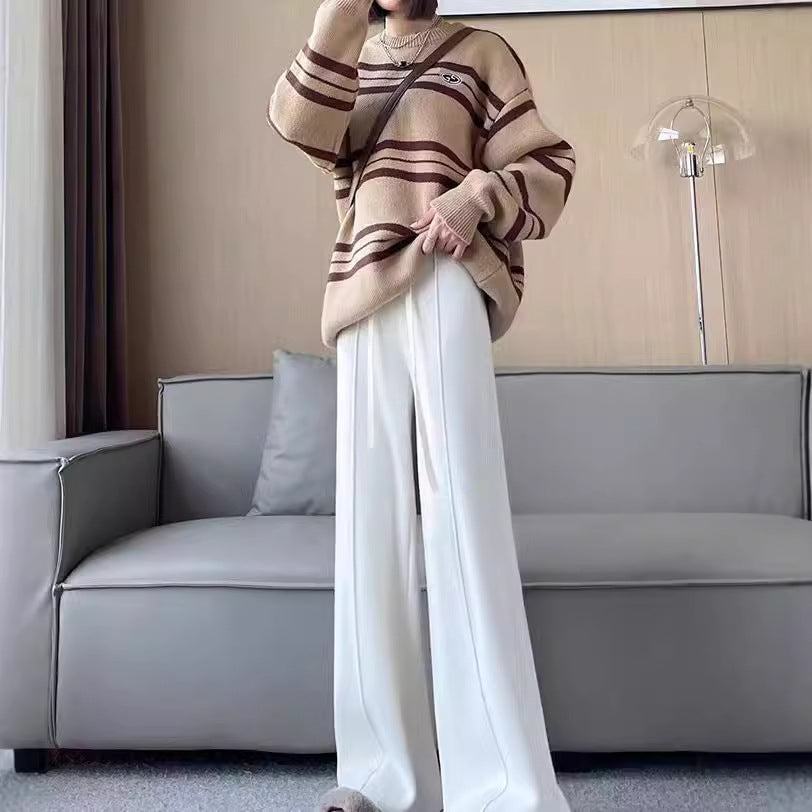 Damskie spodnie dzianinowe z szeroką nogawką i elastycznym pasem-Pants for Women-Olave