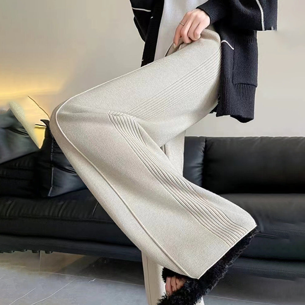 Damskie spodnie dzianinowe z szeroką nogawką i elastycznym pasem-Pants for Women-Olave
