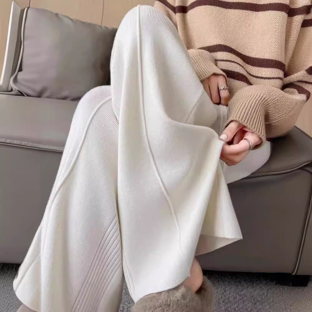 Damskie spodnie dzianinowe z szeroką nogawką i elastycznym pasem-Pants for Women-Olave