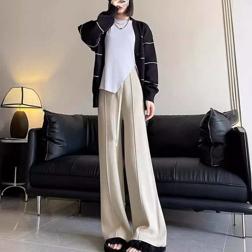 Damskie spodnie dzianinowe z szeroką nogawką i elastycznym pasem-Pants for Women-Olave