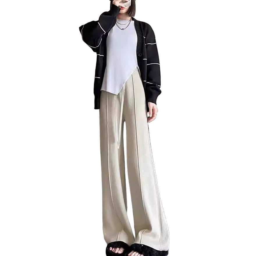 Damskie spodnie dzianinowe z szeroką nogawką i elastycznym pasem-Pants for Women-Olave
