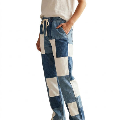 Damskie spodnie jeansowe z prostymi nogawkami i wzorem patchwork-Pants for Women-Olave