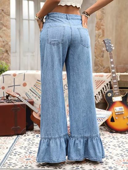 Damskie Spodnie Szerokie Z Falbanką Na Nogawkach-Olave