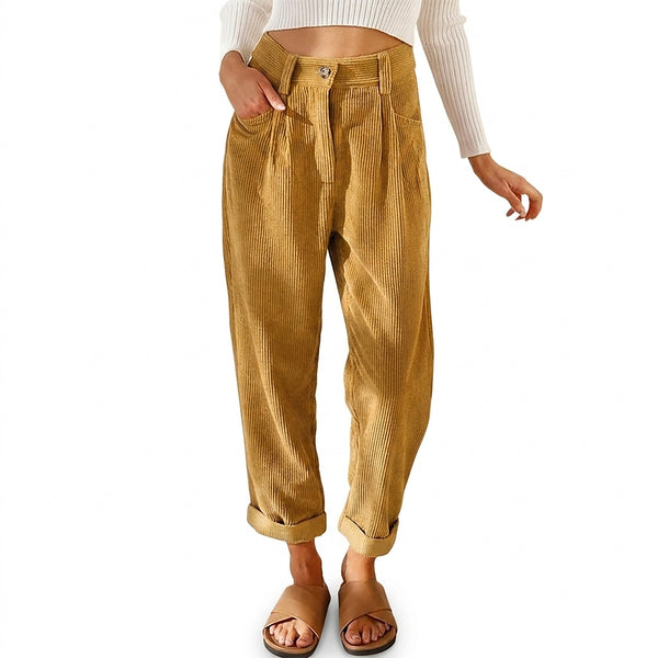 Damskie spodnie sztruksowe z wysokim stanem i zwężanymi nogawkami-Pants for Women-Olave