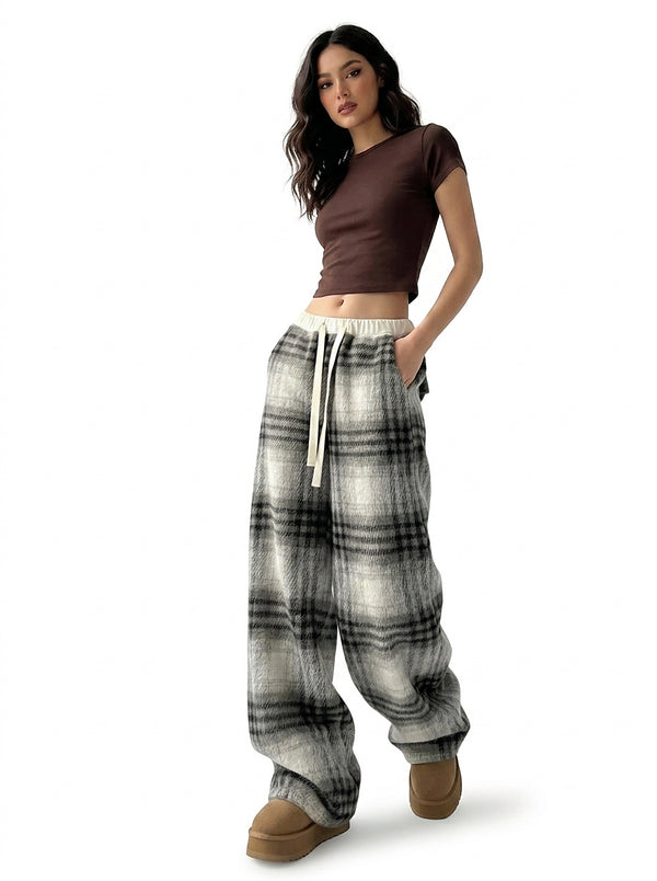 Damskie spodnie wypoczynkowe w kratę z szerokimi nogawkami-Pants for Women-Olave