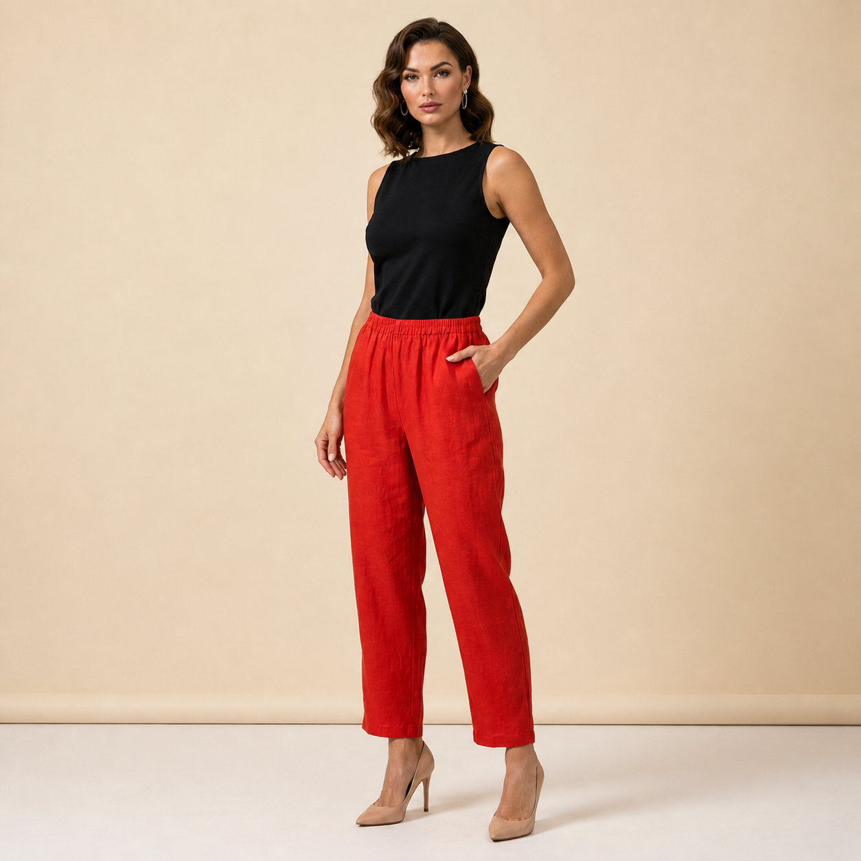 Damskie spodnie z elastycznym pasem i prostą nogawką o pełnej długości-Pants for Women-Olave
