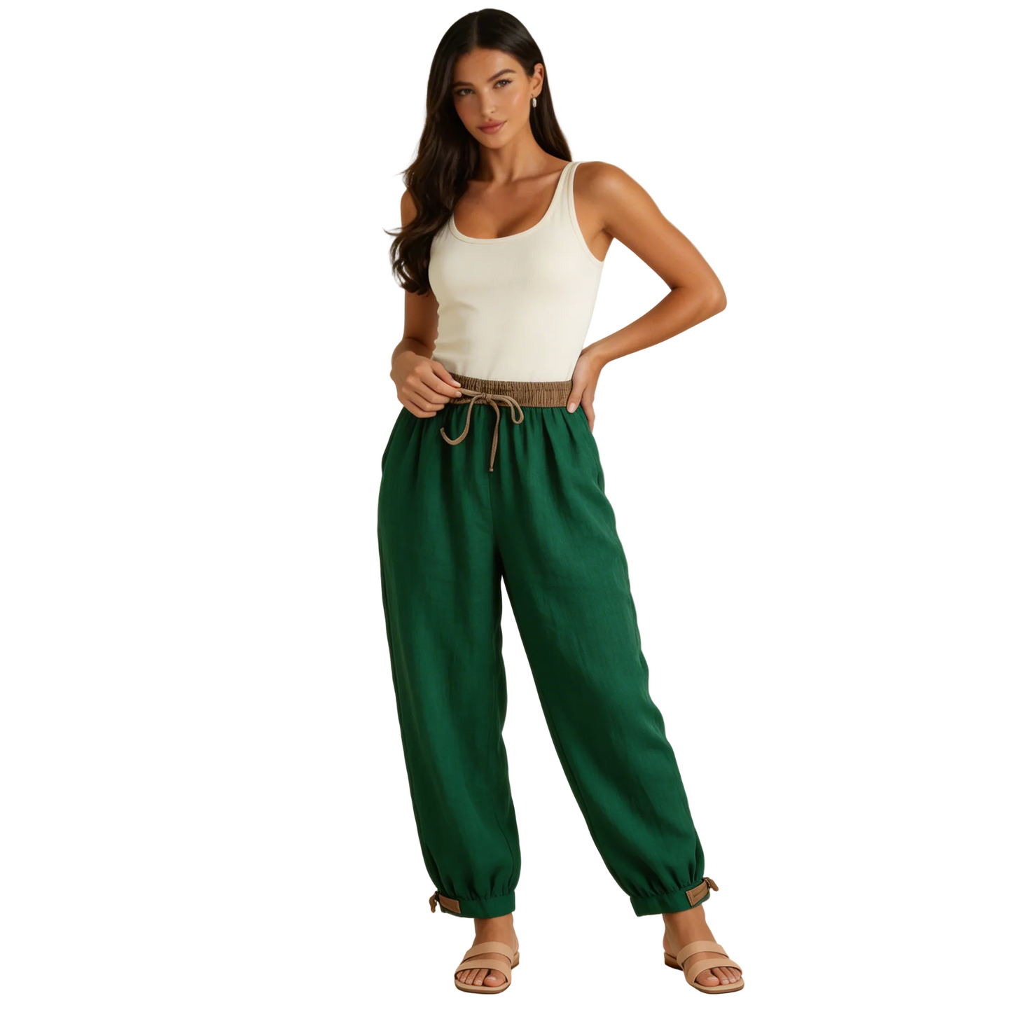 Damskie spodnie z elastycznym pasem, sznurkiem, zwężaną nogawką i ściągaczem-Pants for Women-Olave