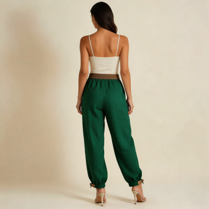 Damskie spodnie z elastycznym pasem, sznurkiem, zwężaną nogawką i ściągaczem-Pants for Women-Olave
