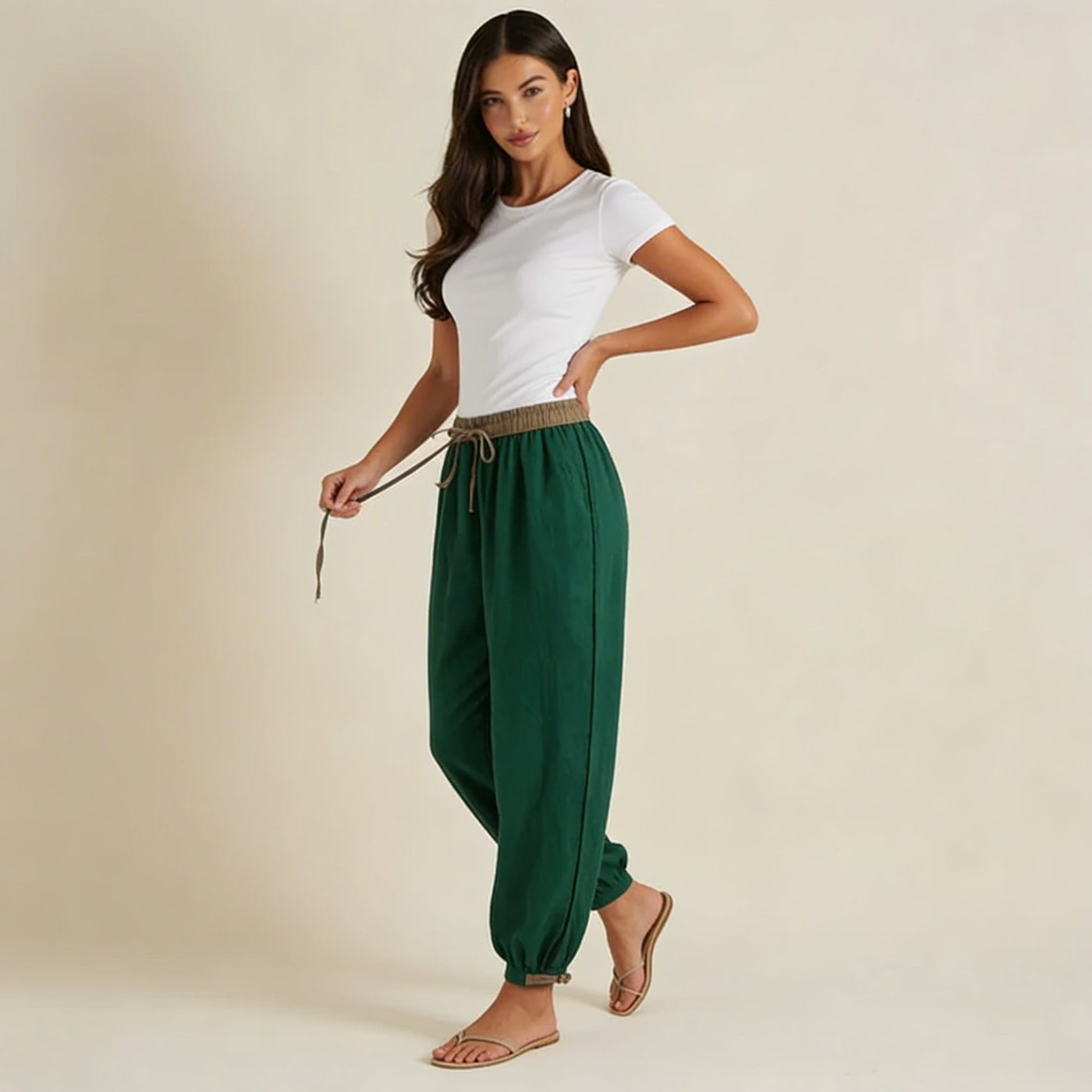 Damskie spodnie z elastycznym pasem, sznurkiem, zwężaną nogawką i ściągaczem-Pants for Women-Olave