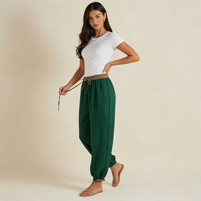 Damskie spodnie z elastycznym pasem, sznurkiem, zwężaną nogawką i ściągaczem-Pants for Women-Olave