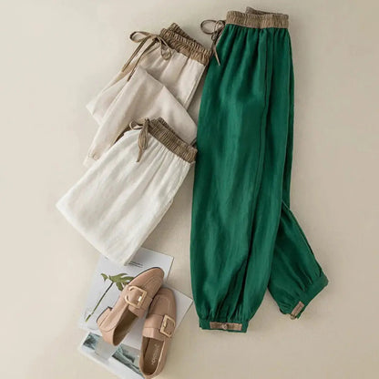 Damskie spodnie z elastycznym pasem, sznurkiem, zwężaną nogawką i ściągaczem-Pants for Women-Olave