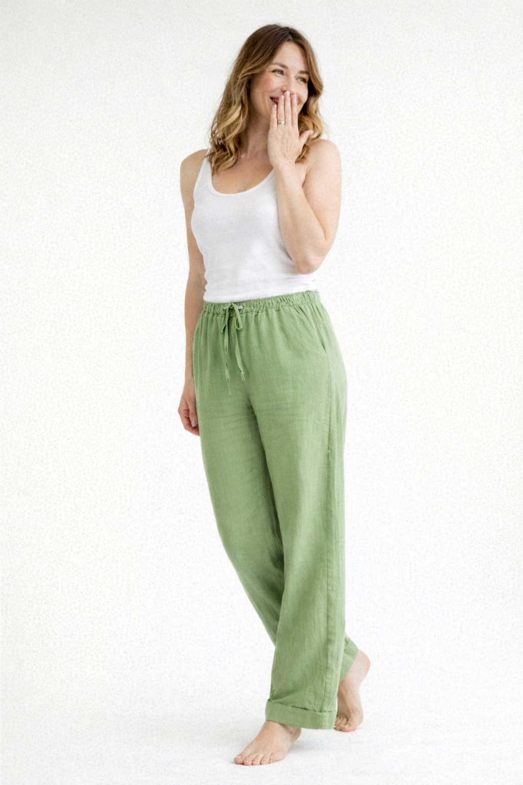 Damskie Spodnie z prostą nogawką, elastycznym pasem i sznurkiem-Pants for Women-Olave