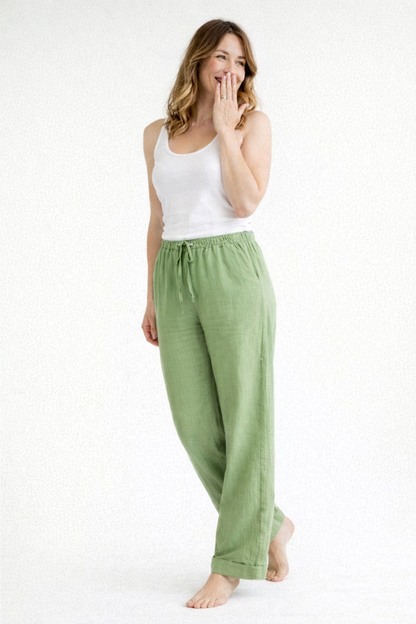 Damskie Spodnie z prostą nogawką, elastycznym pasem i sznurkiem-Pants for Women-Olave