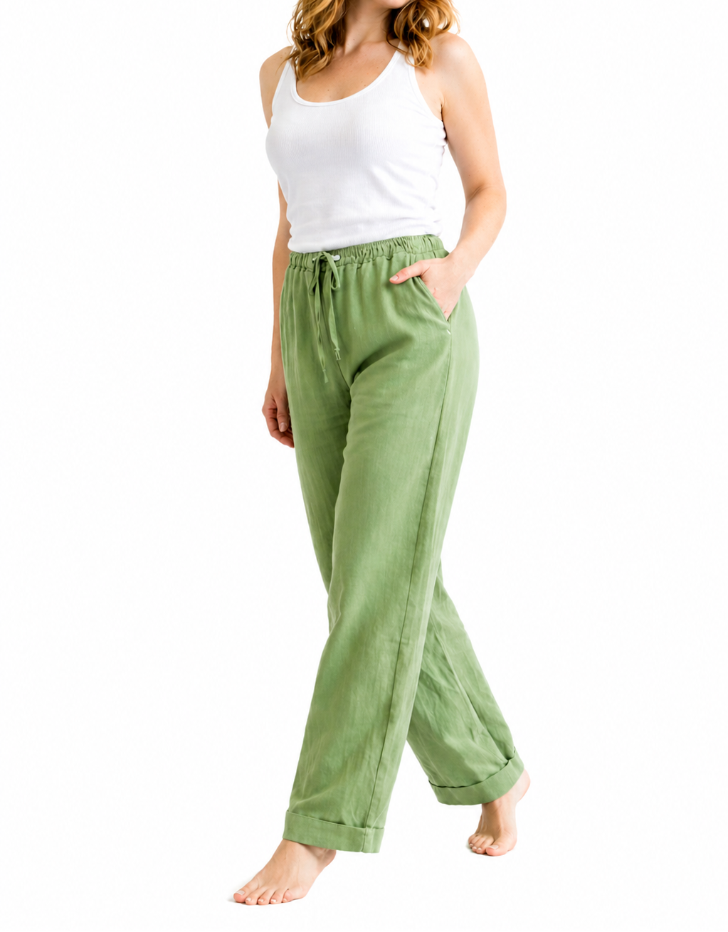Damskie Spodnie z prostą nogawką, elastycznym pasem i sznurkiem-Pants for Women-Olave