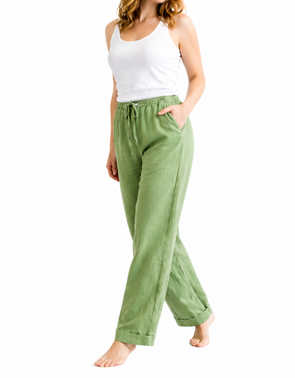 Damskie Spodnie z prostą nogawką, elastycznym pasem i sznurkiem-Pants for Women-Olave