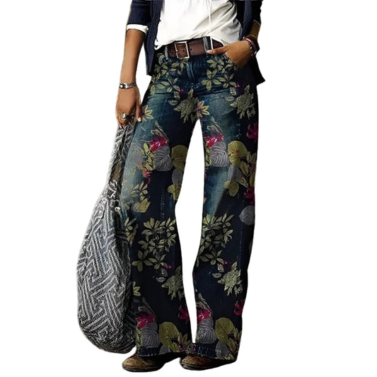 Damskie Spodnie z Prostą Nogawką z Nadrukiem i Szlufkami-Pants for Women-Olave