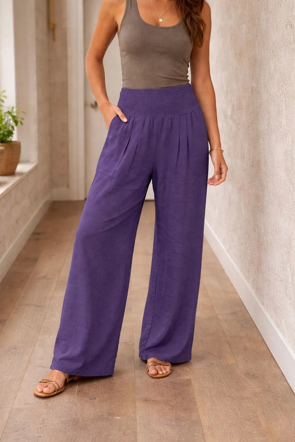 Damskie spodnie z szerokimi nogawkami i marszczonym pasem-Pants for Women-Olave