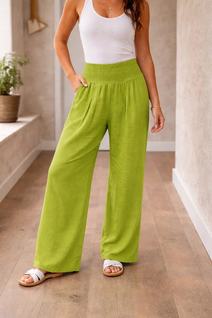 Damskie spodnie z szerokimi nogawkami i marszczonym pasem-Pants for Women-Olave