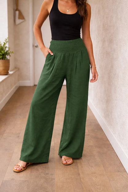 Damskie spodnie z szerokimi nogawkami i marszczonym pasem-Pants for Women-Olave