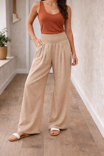 Damskie spodnie z szerokimi nogawkami i marszczonym pasem-Pants for Women-Olave